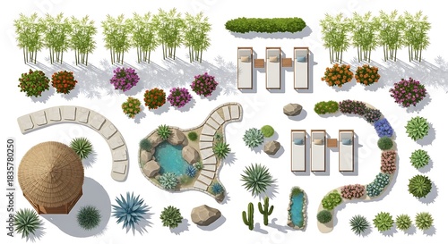 Aerial view of a modern landscape design with pool and seating areas