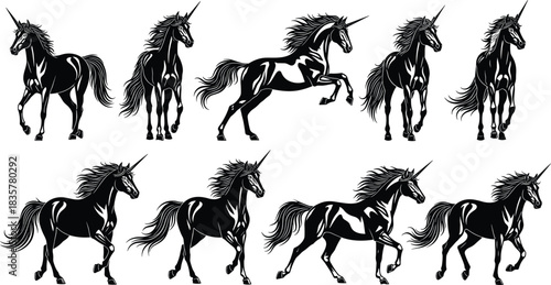 Set of detailed black unicorn silhouettes, isolated vector illustration of mythical horse animals, magic fantasy creatures collection, running and rearing poses for logo design