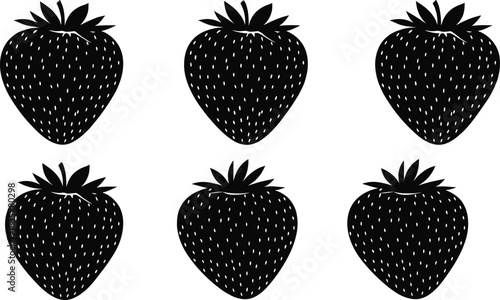 Set of detailed strawberry fruit silhouettes with seeds and leafy tops, clean minimalist vector illustration perfect for fresh produce designs, organic branding, and botanical artwork