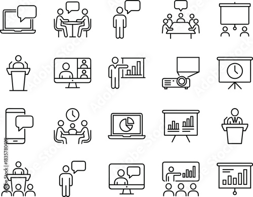 Business meeting and presentation vector icon set featuring teamwork, communication, training, webinars, public speaking, office collaboration and corporate conference elements