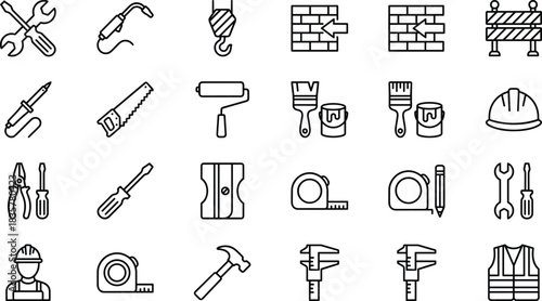 Construction tools line icons set including hand tools, safety equipment, paint tools, measuring tools, engineer symbols, minimal black outline design