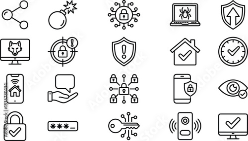 Cybersecurity and smart home protection vector icon set featuring data privacy, secure devices, malware prevention, encryption, authentication and digital safety elements