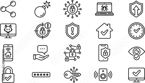 Cybersecurity vector icon set featuring data protection, privacy, secure networks, authentication, malware prevention, smart home security and digital safety illustrations