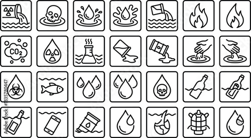 Environmental pollution vector icon set illustrating water contamination, chemical hazards, toxic waste, oil spills, fire danger, and ecological damage symbols