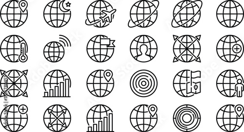 Global connection vector icon set featuring world map symbols, location markers, navigation, growth analytics, travel, expansion and worldwide communication