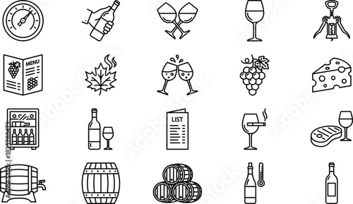 Wine related vector icons set featuring bottles, glasses, grapes, barrels, menu, cheese and celebration elements for food and drink illustration