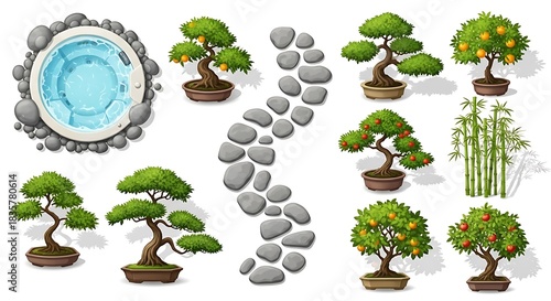 Collection of japanese zen garden elements with bonsai trees and stepping stones