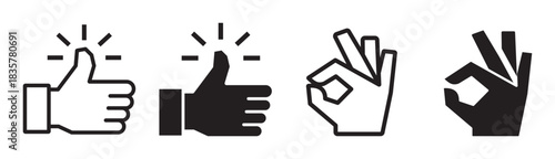 A set of expressive hand gesture icons with thumbs-up and OK signs, clean outline and solid styles, bold geometric shapes, and modern simplified forms for UI, branding, and graphic use