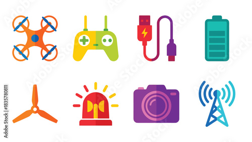 Drone and Accessories Icon Set: Flat Design