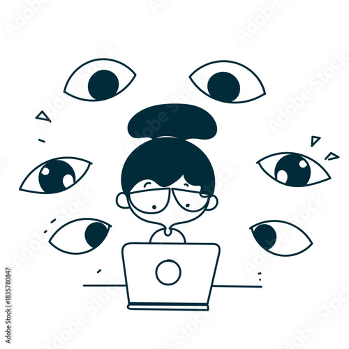 hand drawn doodle cartoon girl with laptop and  many big eyes looking at her laptop