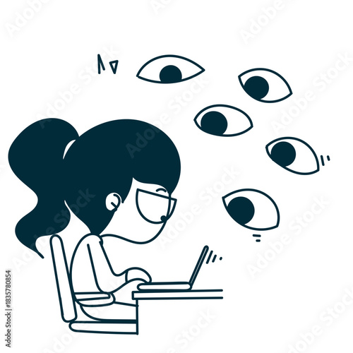 hand drawn doodle cartoon girl with laptop and  many big eyes looking at her laptop