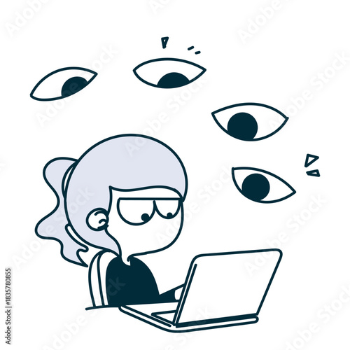 hand drawn doodle cartoon girl with laptop and  many big eyes looking at her laptop