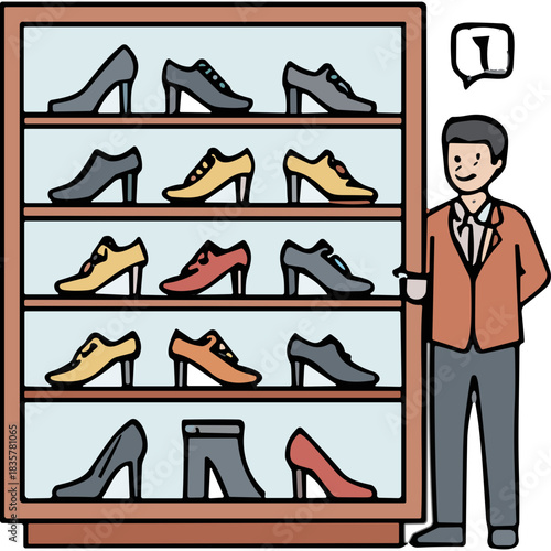 Smiling Male Shopkeeper Stands Beside a Well-Stocked Retail Display of Various Shoes and Pants in a Brightly Lit Store Front