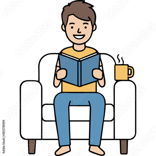 Smiling Man in Yellow Shirt and Blue Jeans Sitting in a White Armchair Reading a Blue Book Next to a Yellow Mug and Saucer on a Transparent Background