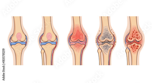 A detailed vector illustration showcasing a set of human knee joints progressing through various stages of arthritis, from healthy to severe degeneration.