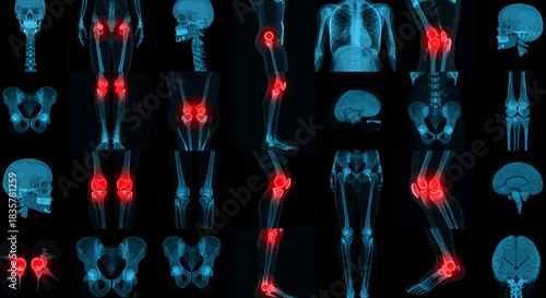 An intricate medical visualization displaying a set of human skeletal structures, emphasizing various joints with a prominent red glow against a dark backdrop.