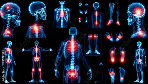 Detailed vector illustration showcasing a comprehensive set of human joints and skeletal bones, highlighting anatomical structures with a medical and scientific perspective against a dark backdrop.