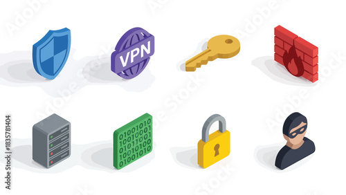 Isometric Cybersecurity Icons: Shield, VPN, Firewall, Data Protection