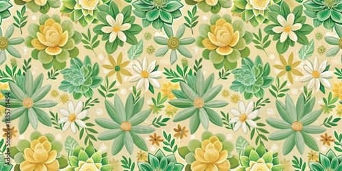 Colorful floral pattern featuring yellow and green succulents and flowers on a pale background.
