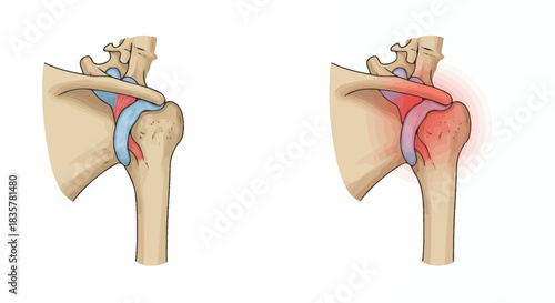 Detailed vector illustration depicting a set of human joints and bones, showcasing normal and inflamed conditions, ideal for medical education and anatomical studies.