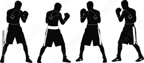 Set of boxing silhouettes vector illustration, male fighter in gloves and shorts standing in defense pose, isolated on white background for sport design.