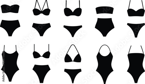 Collection of black swimsuit and bikini silhouettes, modern women’s swimwear vector illustration for fashion design, beachwear and summer style