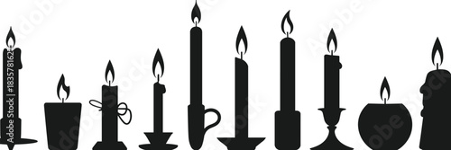 Collection of burning candles vector illustration with different shapes and holders, romantic light, wax candle silhouettes, vintage decor elements for design