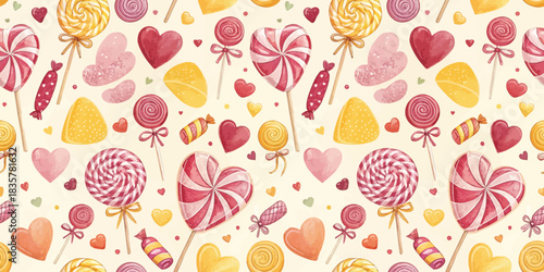 A vibrant pattern featuring colorful candies and sweets in various shapes and sizes.