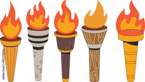 Collection of burning torches with wooden and stone handles vector illustration for fire symbol, survival, adventure, olympic, and tribal design