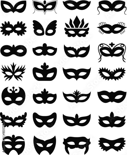 Collection of carnival mask silhouettes vector illustration, masquerade costume party icons, vintage festival disguise symbols, black and white decorative design elements