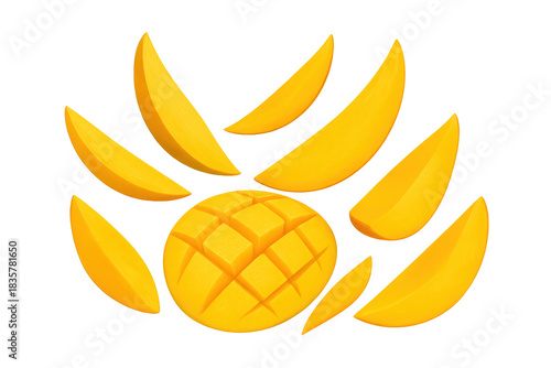 Fototapeta Naklejka Na Ścianę i Meble -  Mango fruit sections and diced half arranged, showing fresh tropical food, vibrant yellow color, transparent background