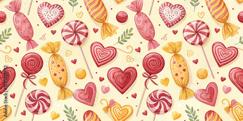 Colorful candy patterns featuring hearts and lollipops on a soft background.
