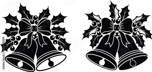 Set of Christmas bells with holly berries, leaves, and decorative ribbon bow, black silhouette vector illustration icon isolated on white for holiday design