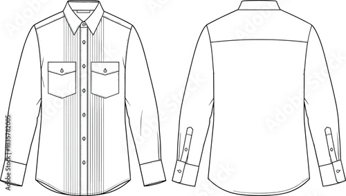 Men's Formal Western-Style Shirt with Pin-Tuck Pleated Front, Dual Flap Pockets, Long Sleeves and Double-Button Cuffs, Technical CAD Drawing, Fashion Flat Vector Illustration