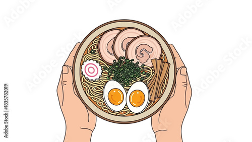 Top-down view of hands holding a bowl of ramen with pork, egg, and scallions. vector food asian
