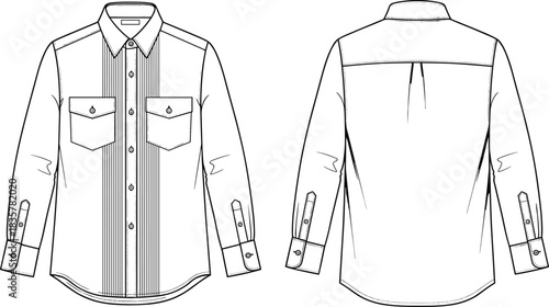 Men's Western Style Yoke Long Sleeve Shirt Flat Technical Sketch Vector Illustration Template for Fashion Design CAD Drawing with Plackets and Pockets