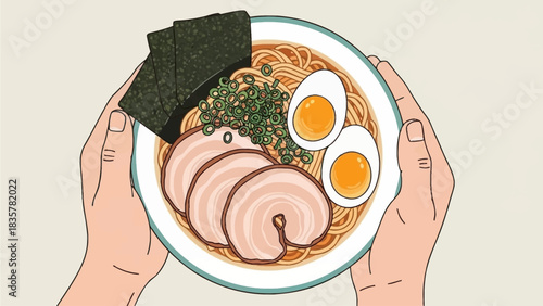 Top-down view of hands holding a bowl of ramen with pork, egg, and scallions. vector food asian