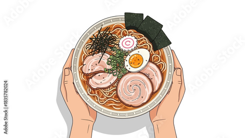 Top-down view of hands holding a bowl of ramen with pork, egg, and scallions. vector food asian