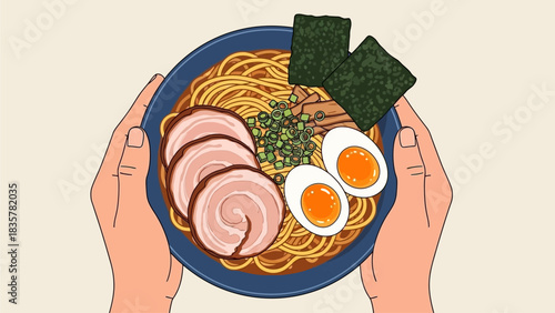 Top-down view of hands holding a bowl of ramen with pork, egg, and scallions. vector food asian