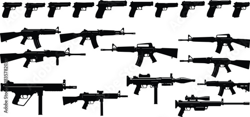 Military and Tactical Weapon Black Silhouette Vector Set, Collection of Automatic Rifles, Submachine Guns, and Pistols Icons, Security and Combat Firearm Graphic Assets