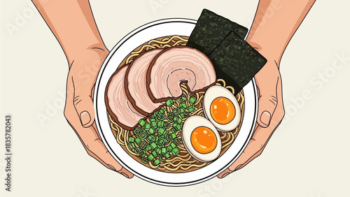 Top-down view of hands holding a bowl of ramen with pork, egg, and scallions. vector food asian