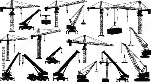 Set of Construction Crane and Hoisting Equipment Silhouettes, Representing Industrial Lifting, Building, Engineering, Heavy Machinery, and Real Estate Development Vector
