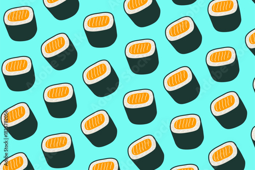 Seamless Pattern Background Japanese Food Sushi Maki Rolls Design for Restaurant Menu Wallpaper Fabric Wrapping Paper Textile Print Asian Cuisine Vector Illustration
