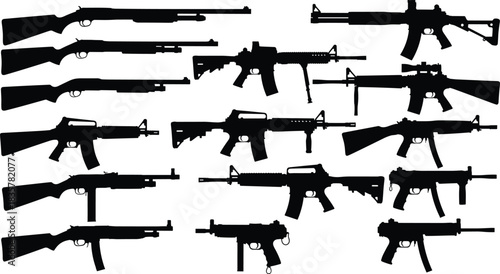 Military weapon silhouettes vector set, black army guns collection, assault rifle and shotgun icons, police tactical firearms illustration, isolated war equipment design