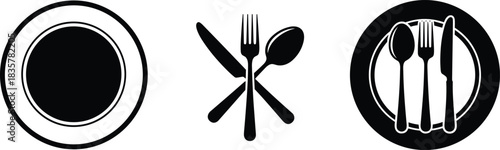 Minimalist black and white vector icons of dining elements, featuring a plate, crossed fork, knife, and spoon, and a complete cutlery set, perfect for restaurant menu, logo, or cooking app design.