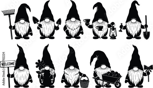 Set of cute garden gnome silhouettes, black vector illustration, fantasy dwarf characters holding gardening tools, isolated on white background, fairytale elf collection.