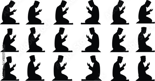 Muslim man praying silhouette pattern, Islamic religious vector illustration, making dua with hands raised, traditional worship concept, black design isolated on white background.