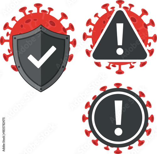 Covid 19 virus icons shield warning alert protection safety health medical healthcare pandemic prevention safety measures vector