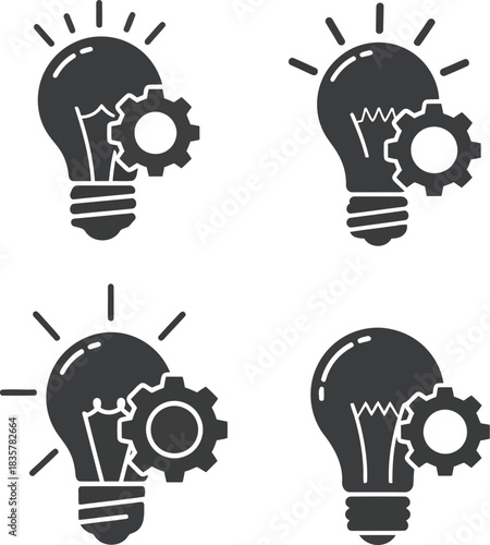 Innovation idea light bulb gear symbol vector set concept design solutions strategy mechanism vector
