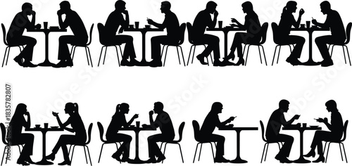Set of black vector silhouettes illustrating diverse couples and pairs of men and women sitting at small cafe tables, talking, eating, and drinking, representing social interaction and dining.